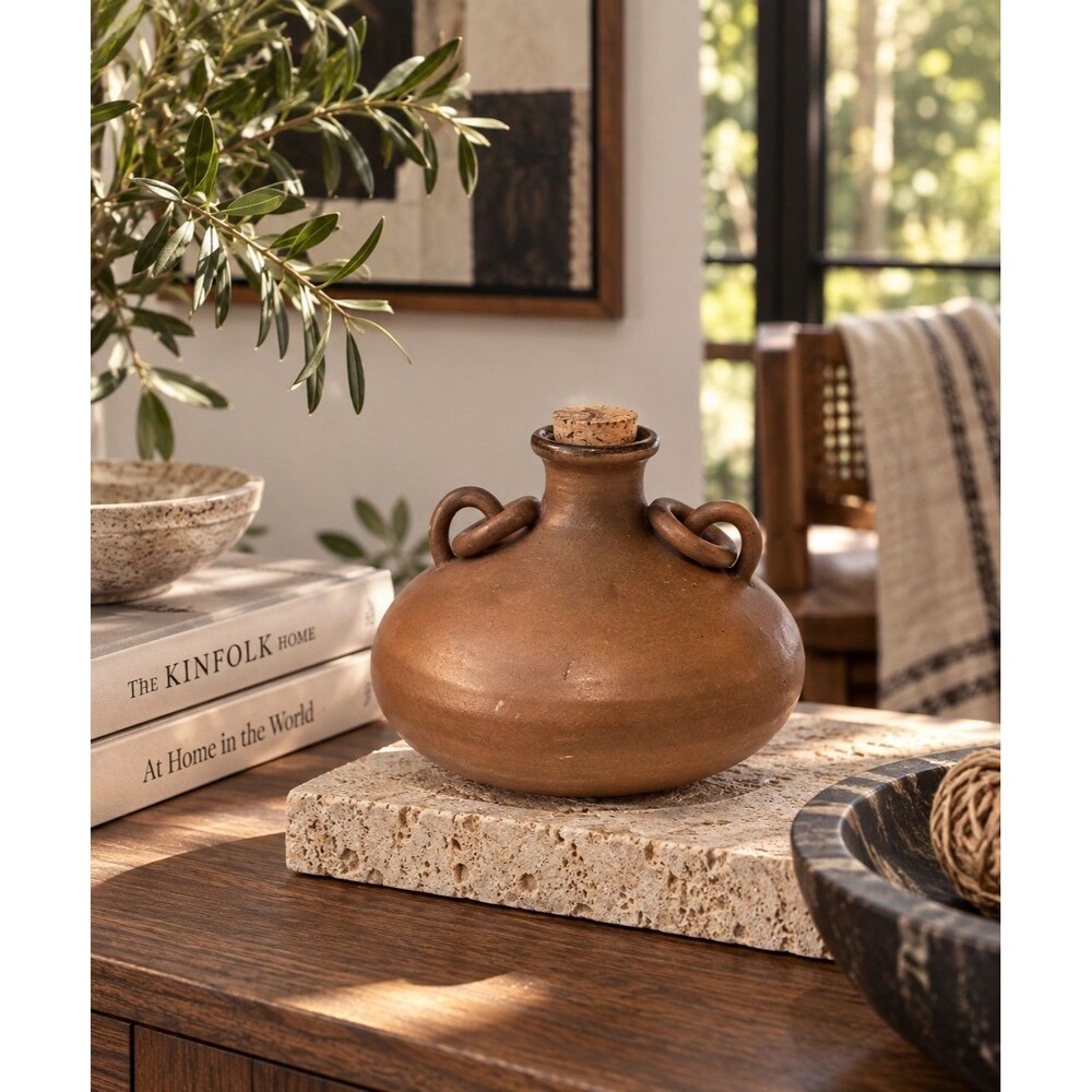 Brown Stoneware Ceramic Flask Vase Cork Stopper Double Ring Handles Rustic Decor